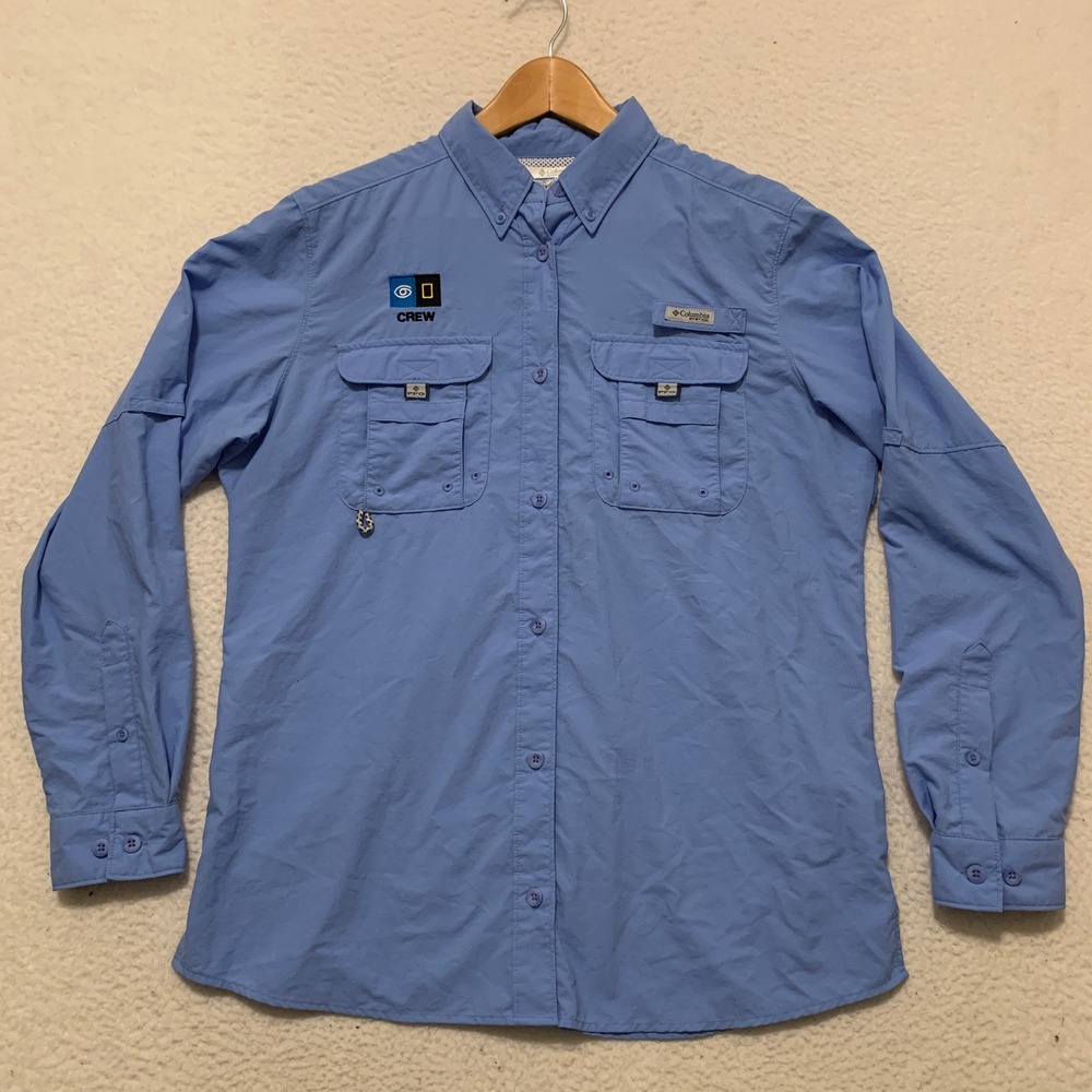 Columbia PFG National Geographic Crew Fishing Shirt Womens Medium Blue Vented
